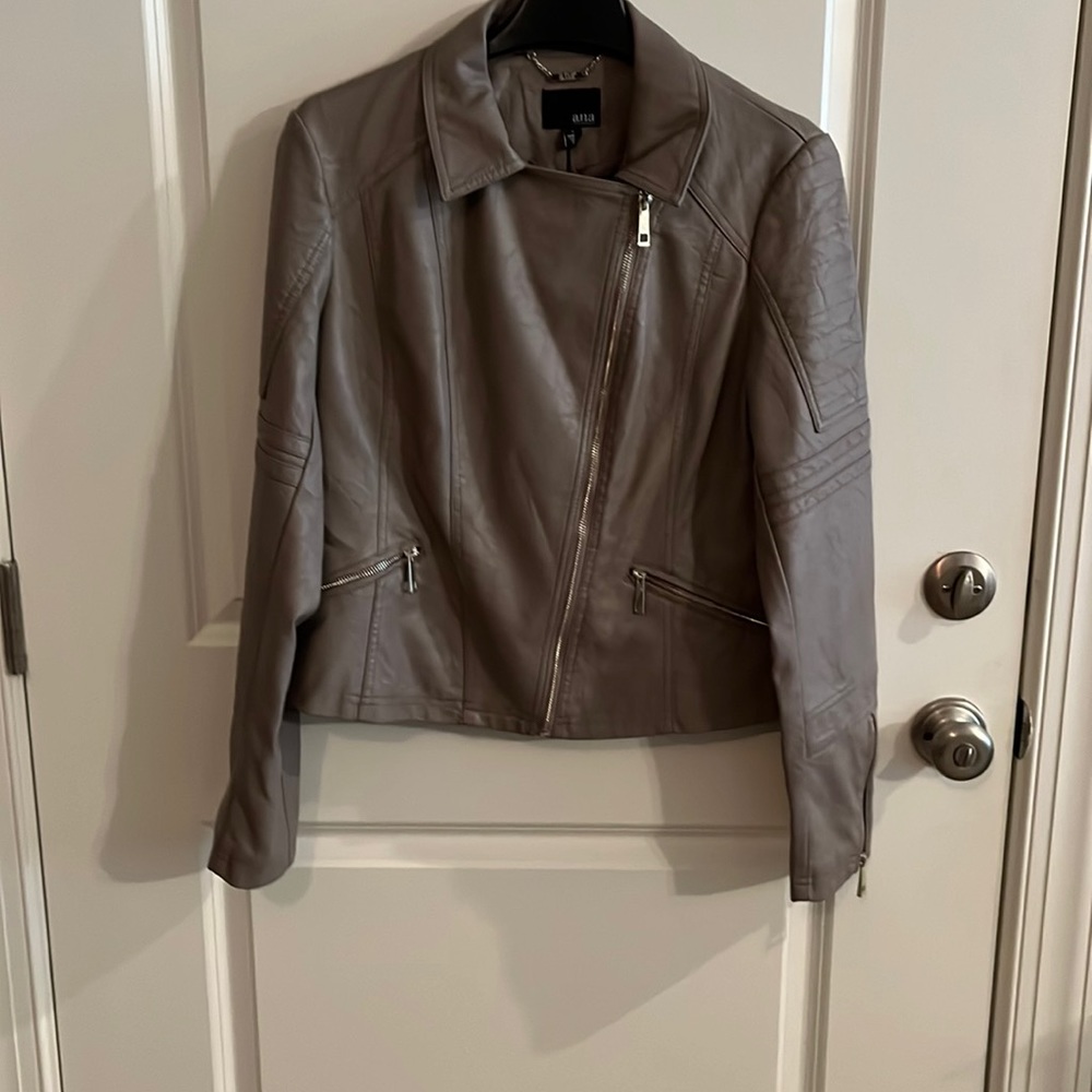 A.n.a faux, leather jacket, and mauve-brown color. Gold zipper accents.